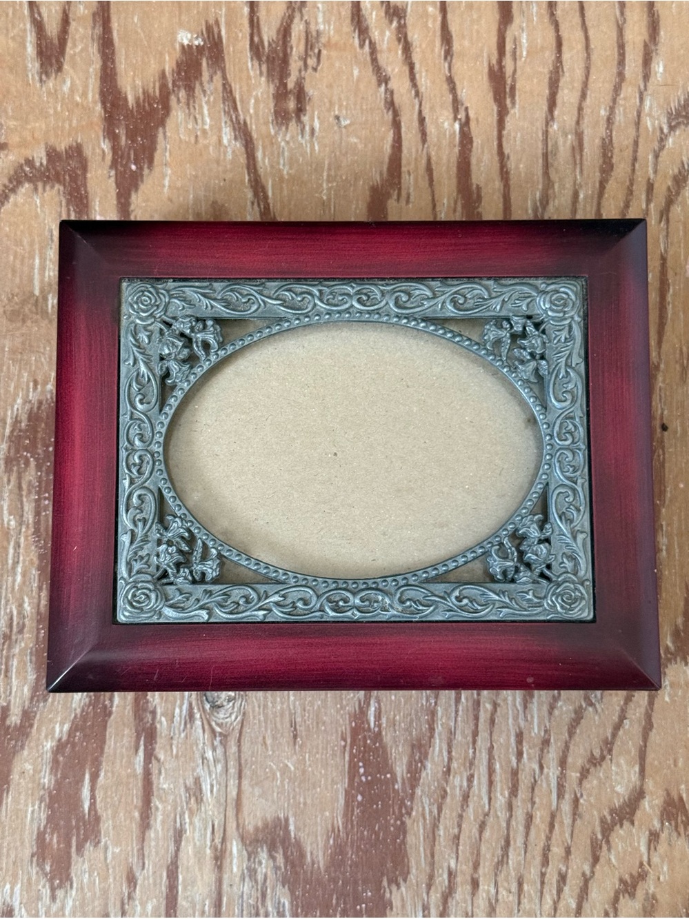 Decorative Red Wood Picture Frame with Ornate Silver Oval Mat & Glass.